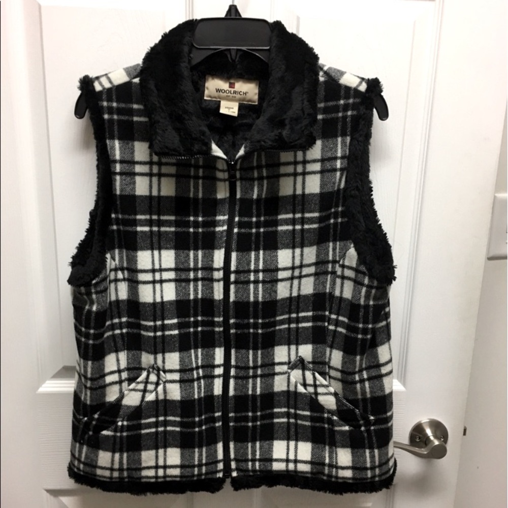 Woolrich Vest Black White Plaid Wool Zip Up Fur Lined Women's Size Med EUC!